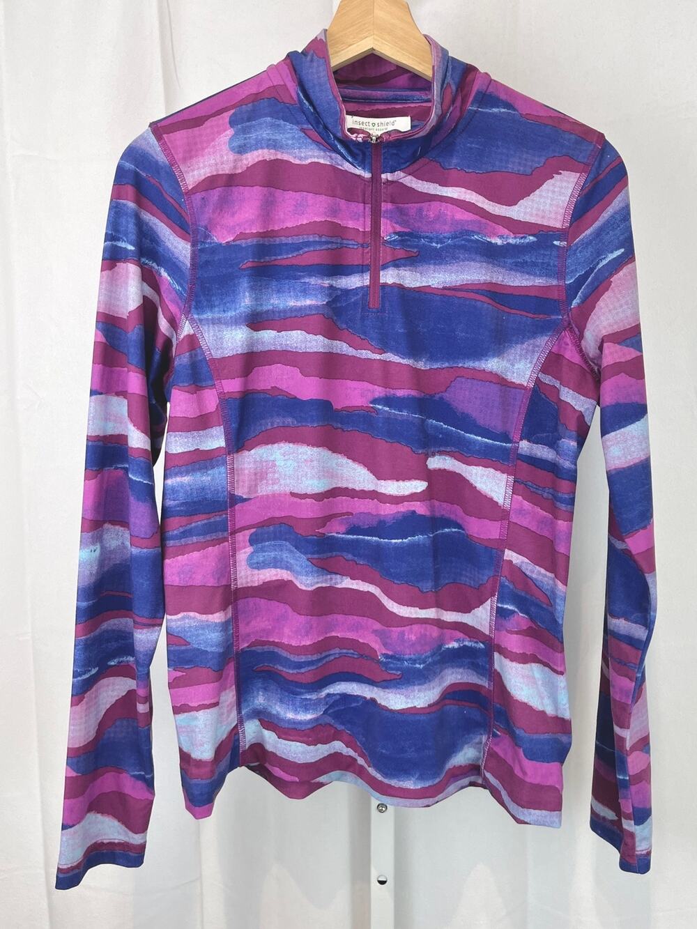 ORVIS Insect Shield 1/4 Zip Pullover Top Long Sleeve Print Purple Hemmed Size S